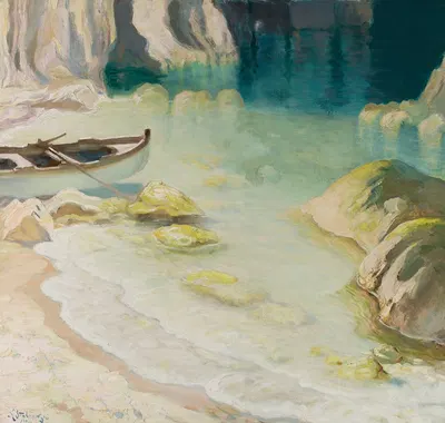 Boat at rocky coast by Kazimierz Stabrowski, 1924 — digital art print download