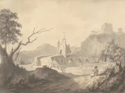 River Scene and Bridge with Artist Sketching in Foreground by Samuel Davis, 1777 — digital art print download