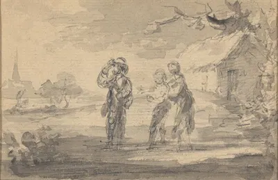Landscape with three figures, cottage, and church spire by Гейнсборо Дюпон — digital art print download