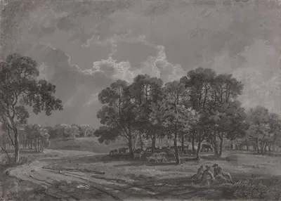 Park Scene with Deer, Cattle, and a Group of Figures by Джордж Баррет — digital art print download