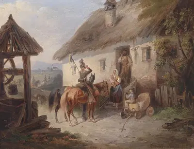Австрийские уланы перед крестьянским домом by Карл Мартин Эберсберг — digital art print download