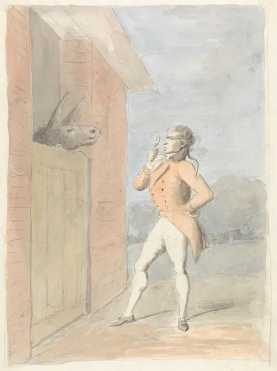 A Dandy Quizzing a Mule's Head seen over a Stable Door by Джордж Данс — digital art print download