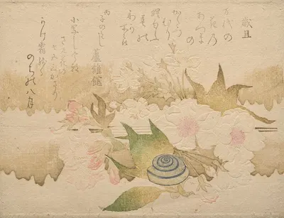 New Year Poems; Snail and cherry blossoms (Saitan; Ōka ni Katatsumuri) by Кубо Сюнман, 1816 — digital art print download