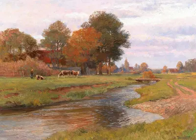 River Landscape with Small Herd of Cows and a Village in the background by Hugo Darnaut — digital art print download