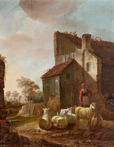 Женщина с овцами у руин ворот замка Бредероде by Ян Баптист Вольфаертс, 1652 — digital art print download