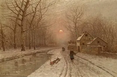 Вечернее настроение над деревенской улицей by Иоганн Юнгблут — digital art print download