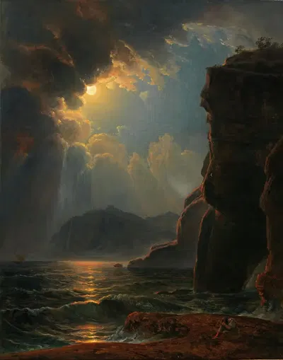 Скала на побережье при лунном свете by Иоганн Непомук Шёдльбергер, 1830 — digital art print download