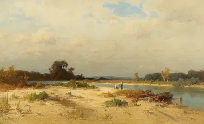 Баварский речной пейзаж с женщинами, собирающими дрова by Иосиф Виллойдер — digital art print download