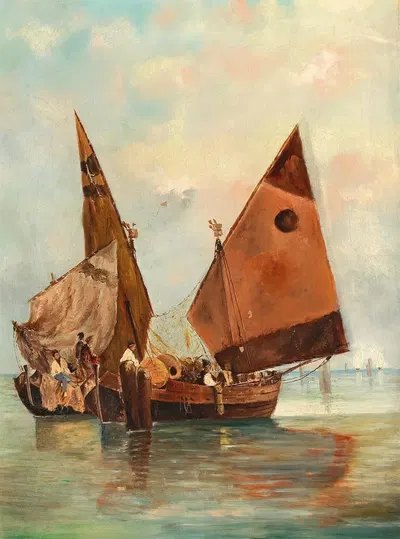 Лодка с поднятыми парусами, пришвартованная в лагуне by Леонтин фон Литтров — digital art print download