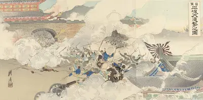 Afbeelding van de hevige aanval van de Japanse troepen bij Pyongyang by Ôkura Kôtô, 1894 — digital art print download