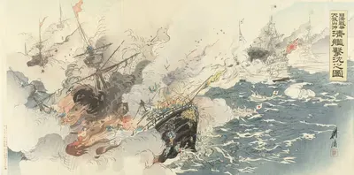 De Japanse marine verwoest Chinese slagschepen nabij Dagushan by Ôkura Kôtô, 1894 — digital art print download
