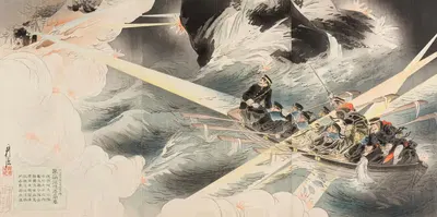 The First Blockade of the Entrance to the Harbor of Port Arthur on the Night of February 24, 1904 by Ôkura Kôtô, 1904 —…