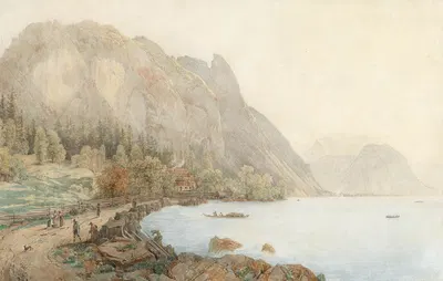 Motiv vom Attersee mit dem Höllengebirge und figürlicher Staffage by Thomas Ender — digital art print download