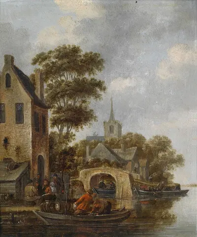 Flusslandschaft mit einem Fährboot by Thomas Heeremans — digital art print download