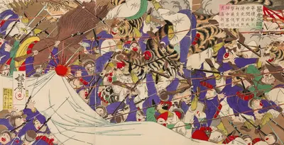 Tigers Attacking Chinese Soldiers during the Battle of Pyeongyang by Watanabe Nobukazu, 1894 — digital art print download