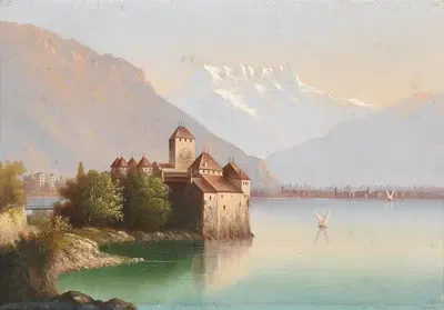Blick auf Schloss Chillon am Genfer See by Hubert Sattler — digital art print download