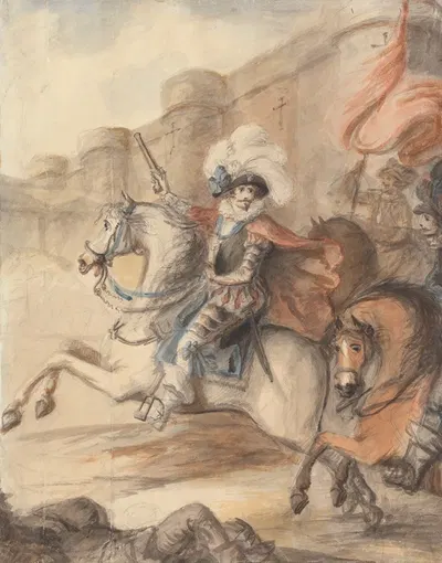 A Cavalry Officer (Henry IV) Leading a Charge Outside a Castle by Генри Уильям Бунбери — digital art print download