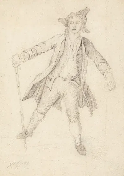 A Dishevelled Man Grimacing and Walking Awkwardly with a Cane by Henry William Bunbury — digital art print download
