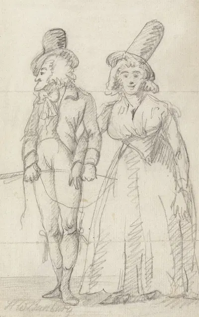 A Long-Chinned Man Arm in Arm with a Bosomy Woman in Tall Hat by Генри Уильям Бунбери — digital art print download
