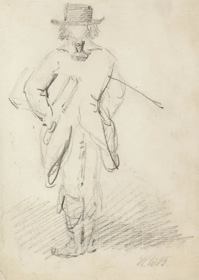 Back View of a Man Standing with a Large Book or Case under his Left Arm and a Stick under his Right Arm by Генри Уильям…