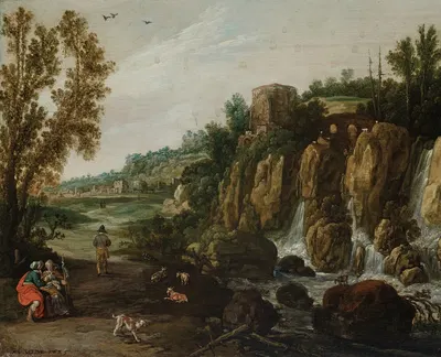 Скалистый пейзаж с водопадом и Руфью и Воазом by Эсайас ван де Вельде, 1625 — digital art print download