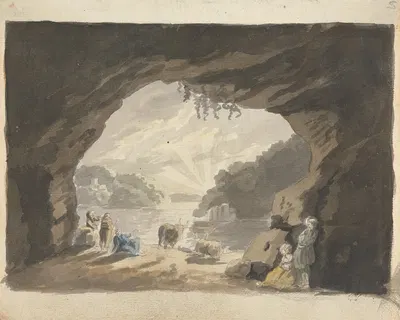 Figures with Animals at Cave by James Miller — digital art print download