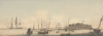 Вид на замок Корнет, Гернси, Нормандские острова, с судами by Джон Томас Серрес — digital art print download