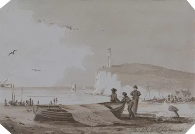 Coastal scene with Figures, Boats, Lighthouse, etc. by Джеймс Паттисон Кокберн — digital art print download