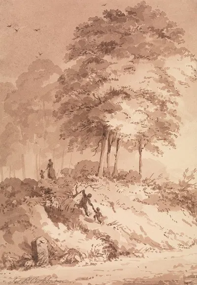 Family Walking in a Wood; Child Being Helped to Clamber up a Bank by Джеймс Паттисон Кокберн — digital art print download