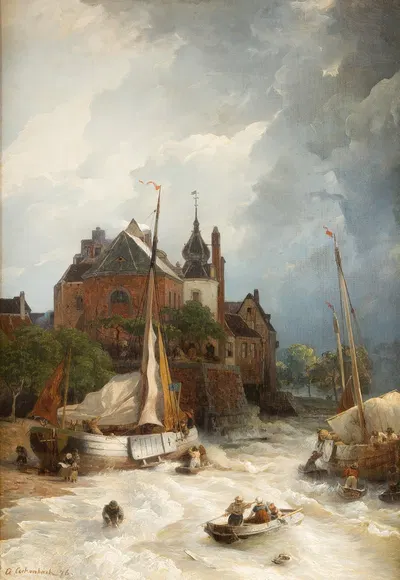 Beach by a town with old tower and rampart by Andreas Achenbach, 1876 — digital art print download