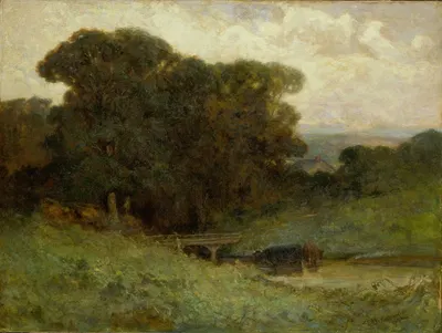 Untitled (forest scene with bridge, cows in stream in foreground) by Edward Mitchell Bannister, 1897 — digital art print…