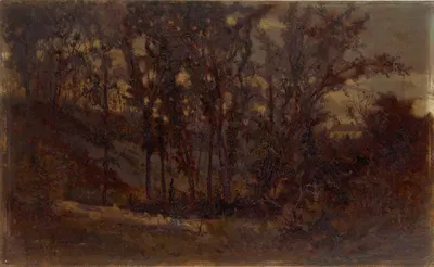 Untitled (forest scene, fallen tree in foreground and house in background) by Edward Mitchell Bannister, 1873 — digital art…