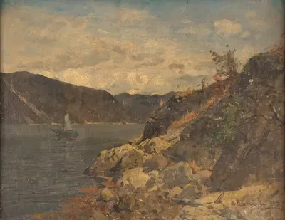 Корабль в скалистом фьорде by Георг Антон Расмуссен, 1875 — digital art print download