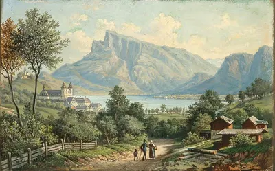 A View of Mondsee Monastery and the Drachenwand by Hubert Sattler — digital art print download