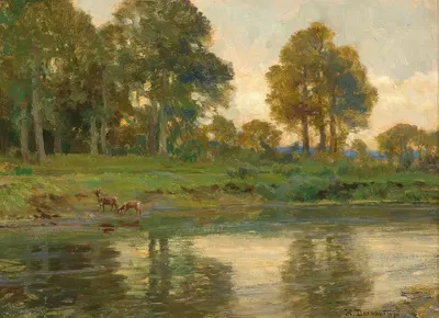 Red Deer by a Pond at Sunset by Hugo Darnaut, 1934 — digital art print download