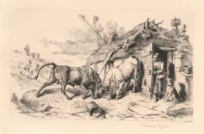 Two Bulls fighting by a Cottage by Джон Фредерик Тейлер — digital art print download