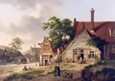 A Dutch Village Scene with Figures by Jan Hendrik Verheijen — digital art print download
