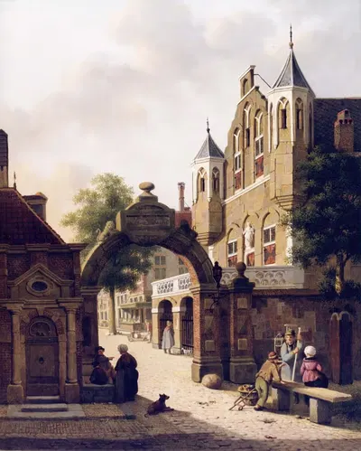 Голландская уличная сцена с фигурами на переднем плане by Ян Хендрик Верхейен — digital art print download