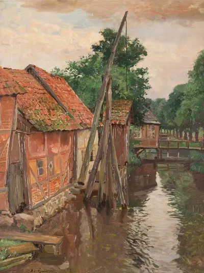 View of a village with stream by Michał Gorstkin-Wywiórski — digital art print download