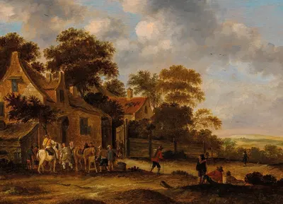 Travellers resting outside a tavern by Thomas Heeremans — digital art print download
