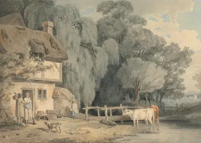 Country Scene; Figures by a Cottage Door and Cattle in a Stream by Francis Wheatley, 1795 — digital art print download