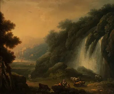 Mountain landscape with a waterfall and staffage by Franciszek Ksawery Lampi — digital art print download