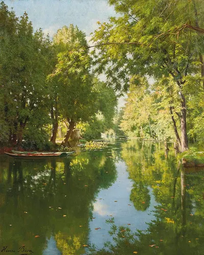 Punts moored on still waters by Henri Biva — digital art print download