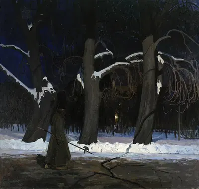 Зимний пейзаж ночью с алебардистом by Генрик Щиглиньский — digital art print download
