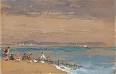 Beach Scene with Figures by a Breakwater by James Holland, 1861 — digital art print download