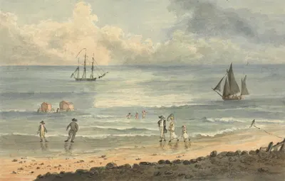 On the Sands at Brighton; Figures Walking on the Shore by John Nixon — digital art print download