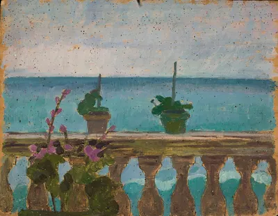 Balcony with flower pots by Jan Rembowski — digital art print download