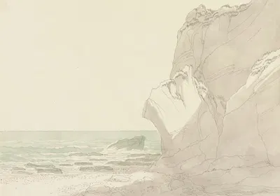 The Warren near Exmouth, Devon; Steep Cliffs Rising at Right, Sea and Rocky Shore at Left by John White Abbott, 1810 —…