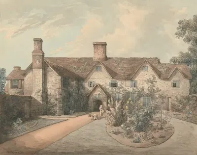 A Boy Playing a Drum in the Garden of a Country House by William Henry Pyne, 1793 — digital art print download
