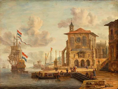Портовая сцена со средневековым зданием by Абрахам Сток, 1674 — digital art print download